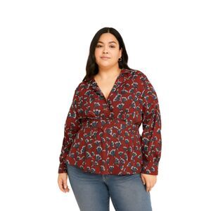 Eshakti printed popover V-neck blouse RED SIZE 3X
